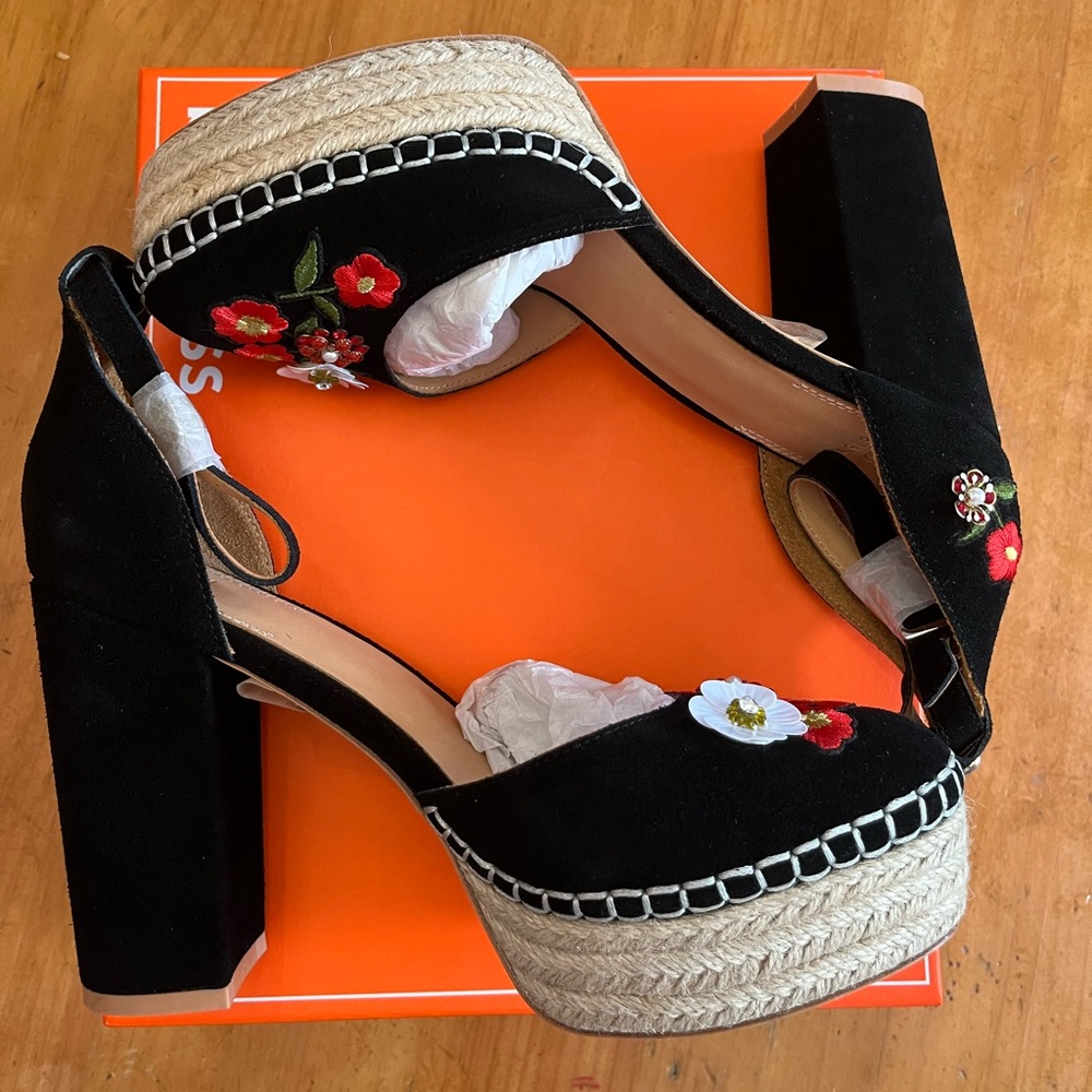 Bill Blass Anthropologie Emma Embellished Sz10 Black Platform Heels Ankle Strap